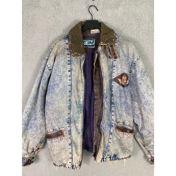 Vintage TRIM Sherpa Lined Acid Wash Denim Bomber Jacket Men’s L Aviator Patch - Picture 10 of 16